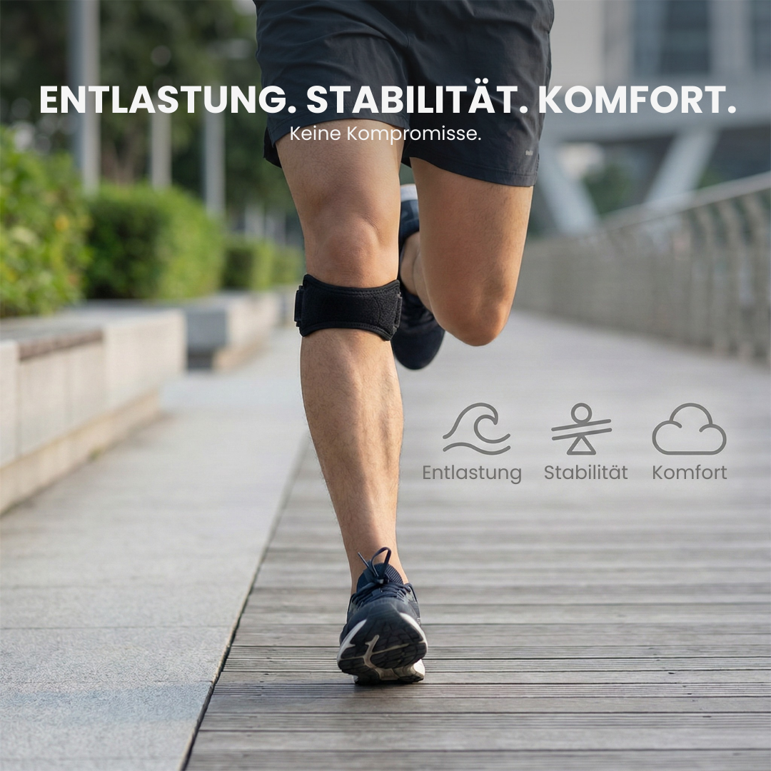 Patella-Kniebandage stabilisiert Kniegelenk beim Laufen – Nahaufnahme Verschluss | Helvio