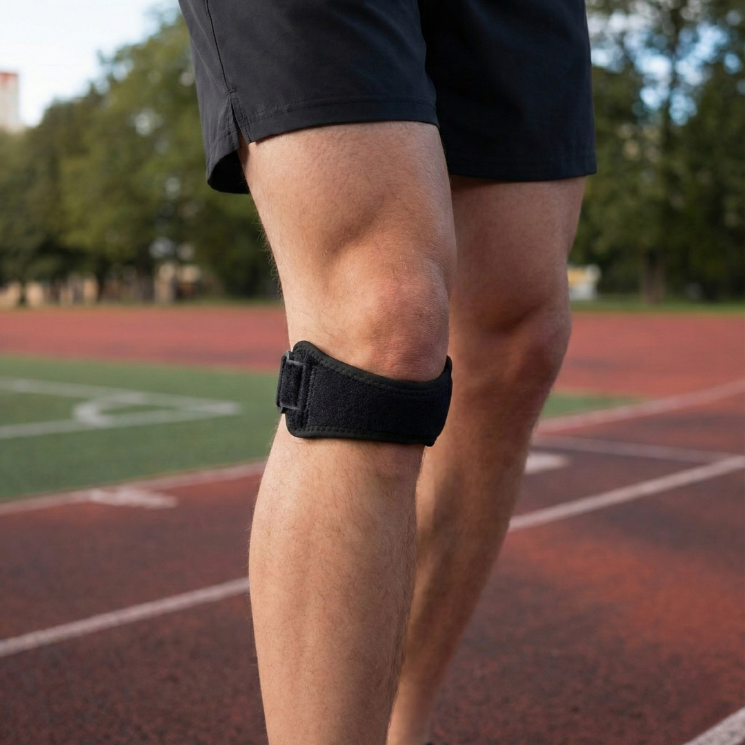 Patella-Kniebandage stabilisiert Kniegelenk beim Laufen – Seitenansicht | Helvio